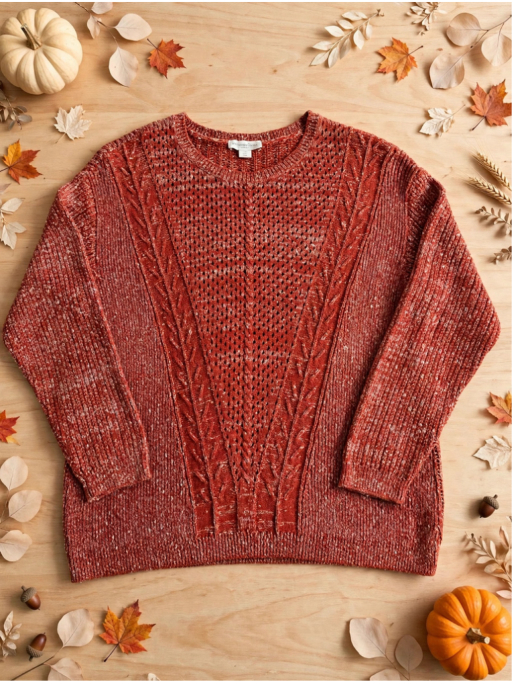 Women's Coldwater Creek Red & White Speckled Cable Knit Crew Neck Sweater